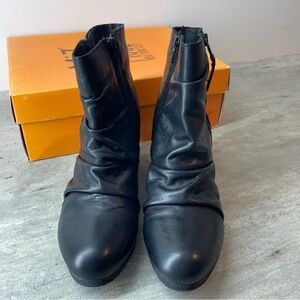 Miz Mooz Baron Boot‎ Women Size 40 Black  Ruched Leather Wedge Ankle Boot